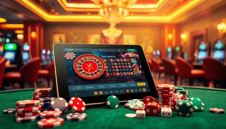 Engage with the Đăng Nhập Nhà Cái 68VIP platform showcasing a modern online casino interface surrounded by gambling elements.