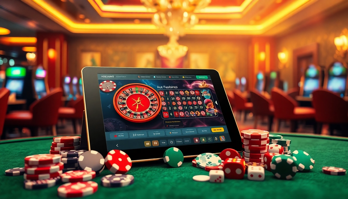 Engage with the Đăng Nhập Nhà Cái 68VIP platform showcasing a modern online casino interface surrounded by gambling elements.