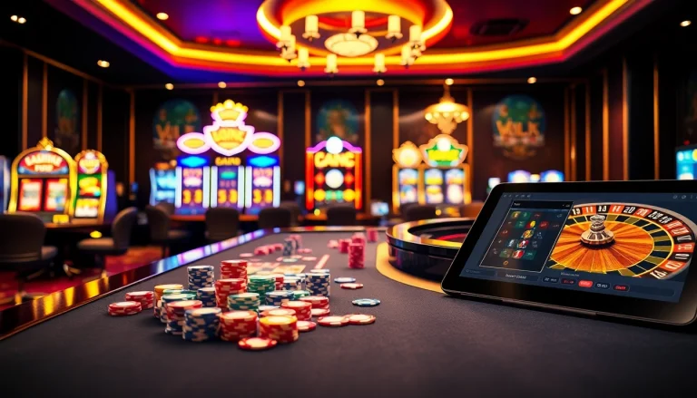 Players enjoy games at the XX88 forex casino, with vibrant tables and slot machines in view.