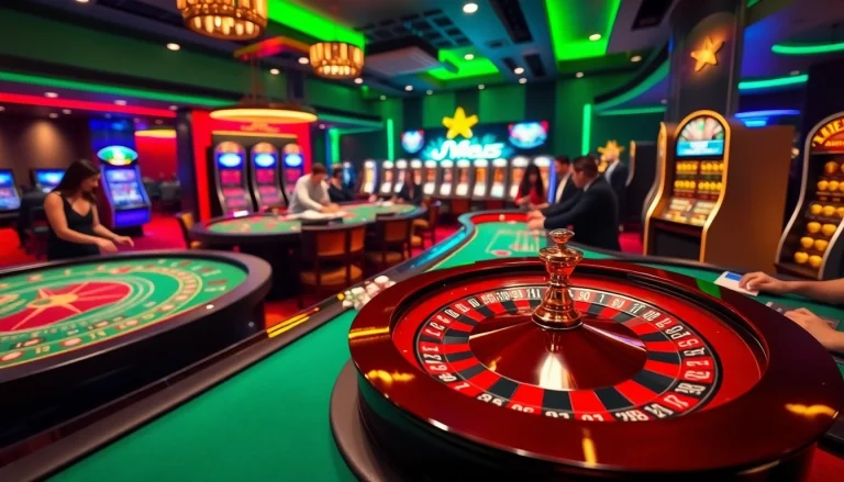 RR88 casino gameplay scene showcasing poker chips and a roulette wheel in an exciting environment.