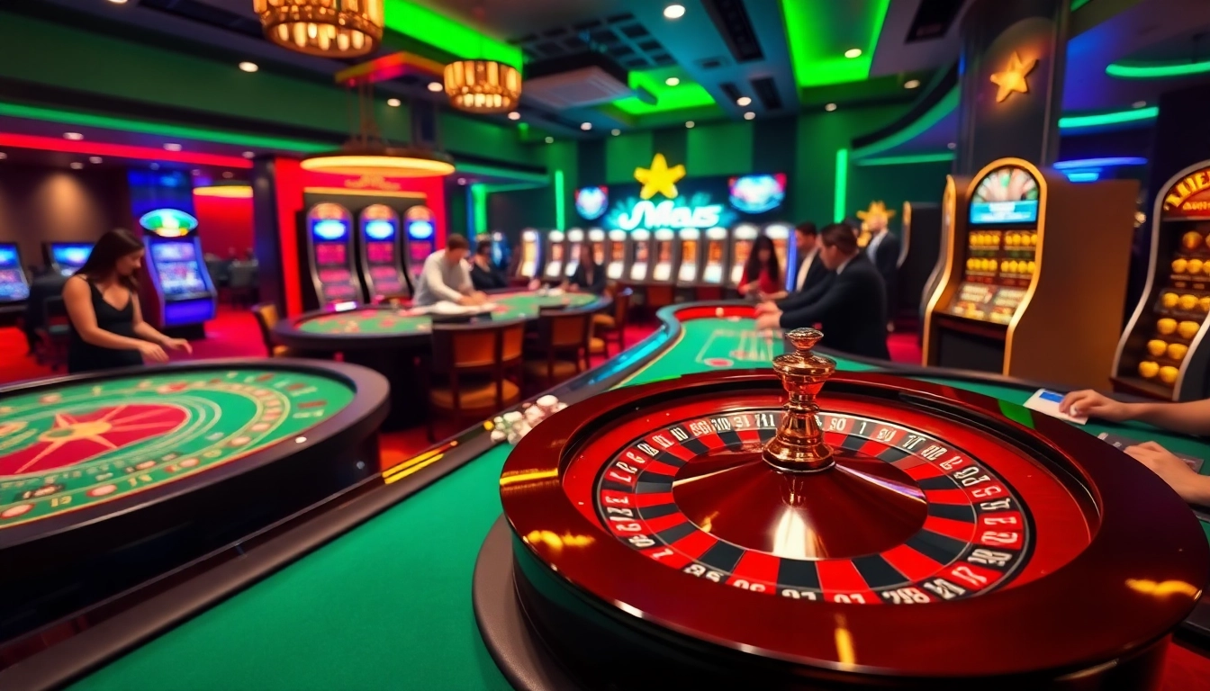 RR88 casino gameplay scene showcasing poker chips and a roulette wheel in an exciting environment.
