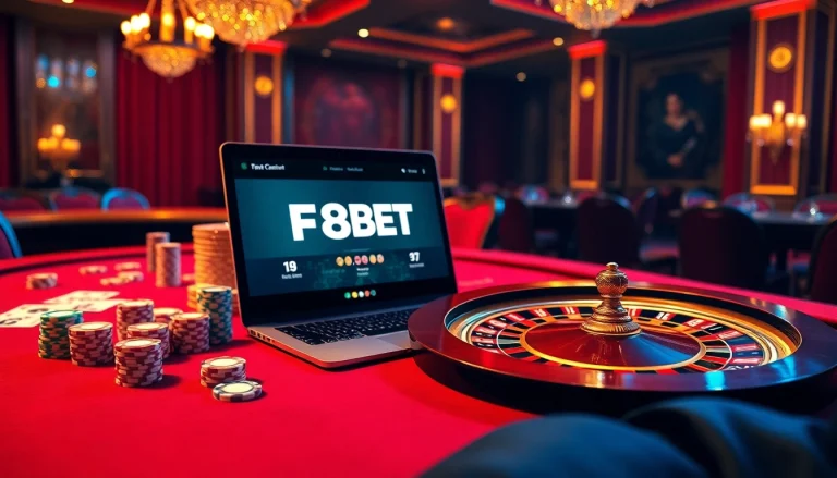 Experience the thrill of online gambling with https://f8bet.me.uk/ showcasing a luxurious casino scene.