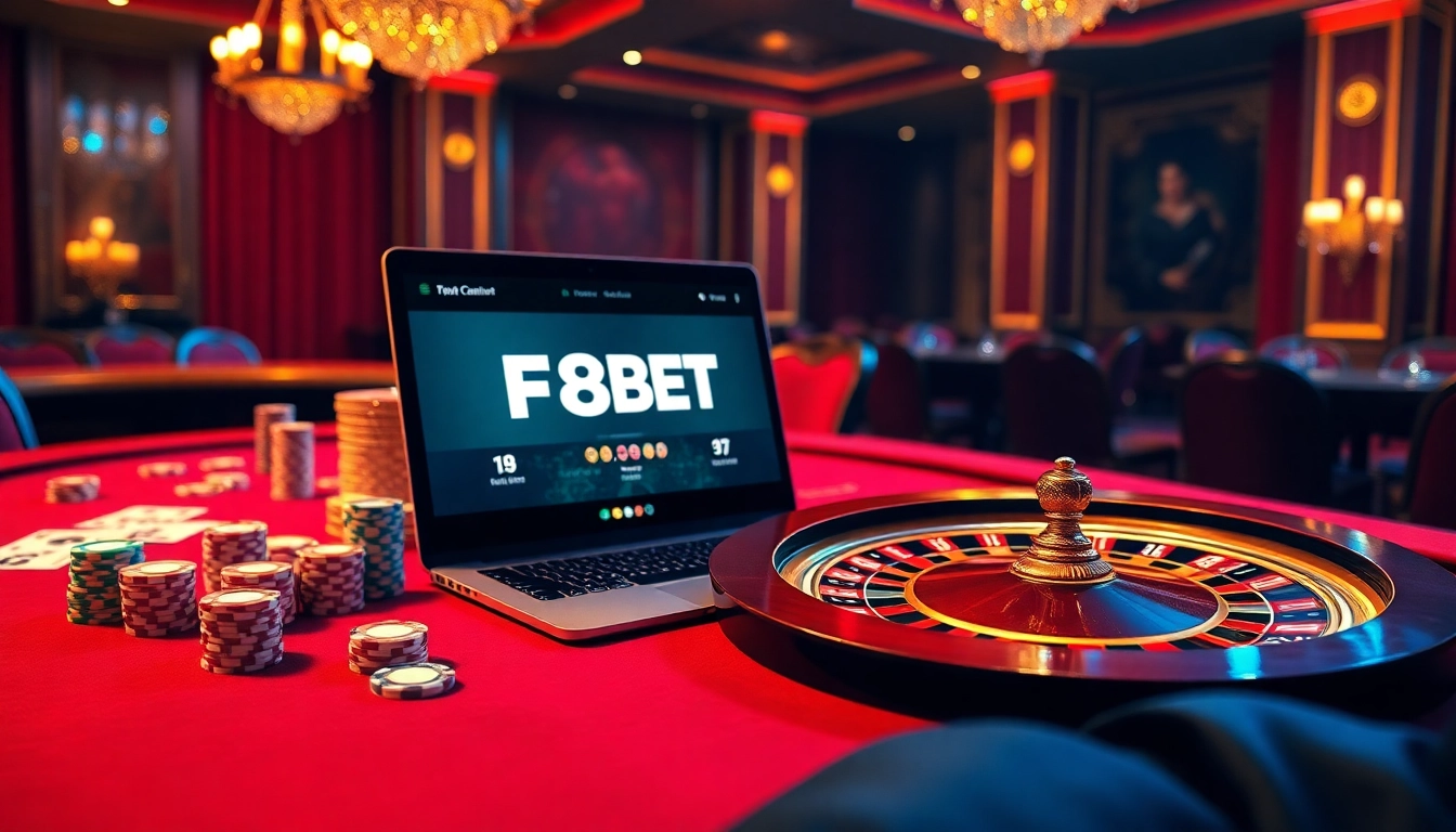 Experience the thrill of online gambling with https://f8bet.me.uk/ showcasing a luxurious casino scene.