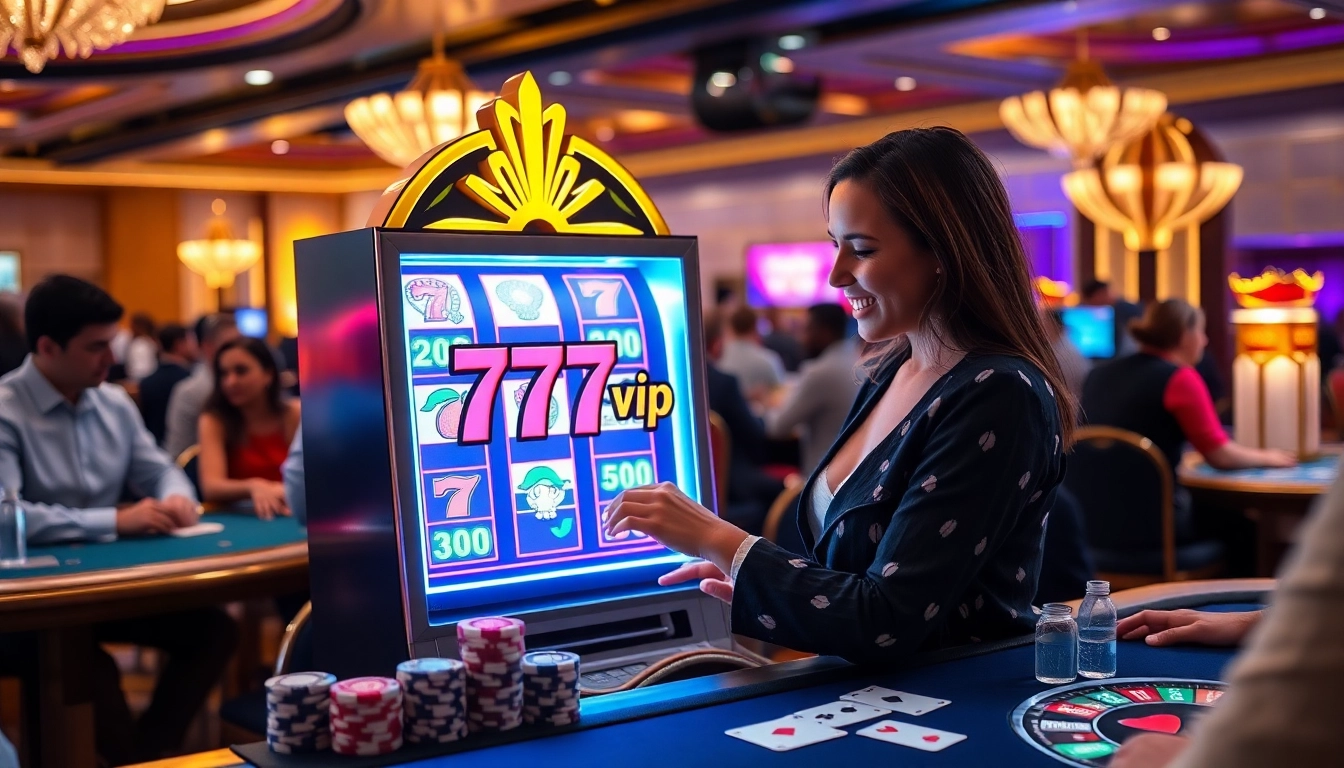 Experience excitement at 777vip; players enjoying luxury casino games and vibrant slot machines.