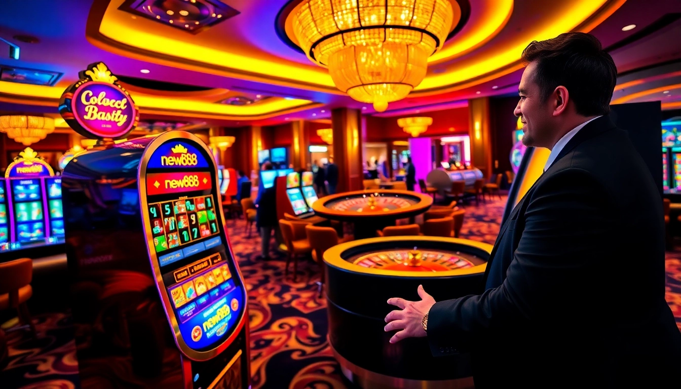 Experience the thrill of new888 slot machines in a luxurious casino setting, with vibrant games and excitement.