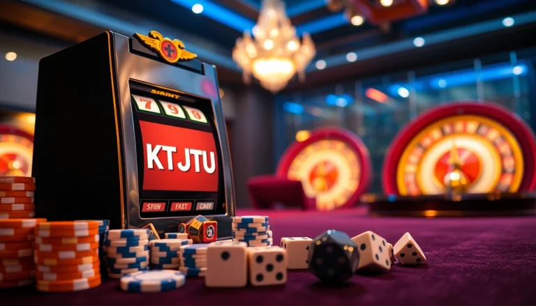 KTPJITU slot machine in a vibrant online casino setting with poker chips and roulette wheels.