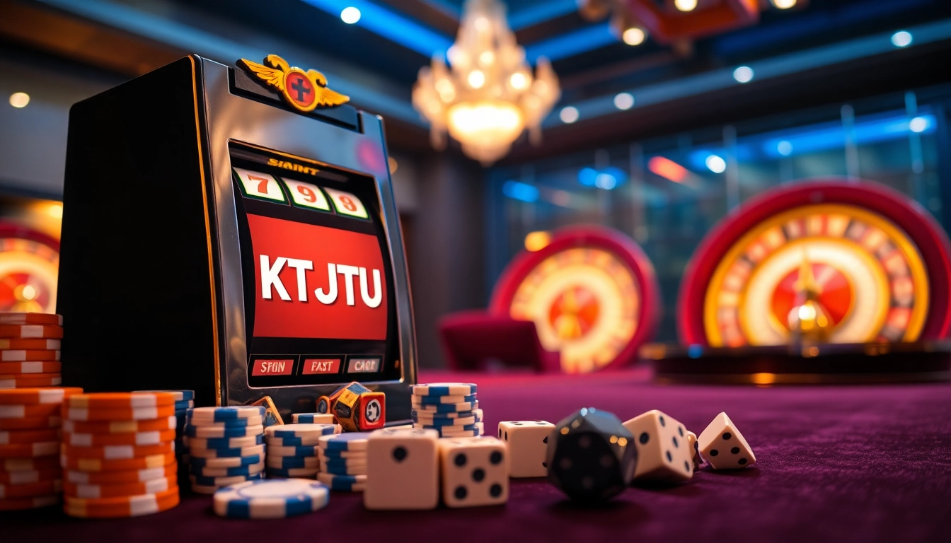 KTPJITU slot machine in a vibrant online casino setting with poker chips and roulette wheels.
