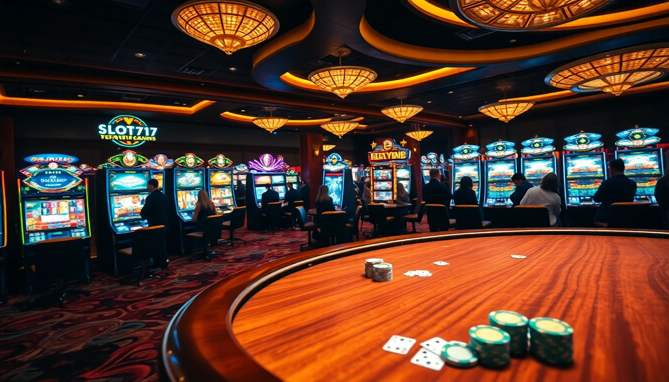 Experience thrilling wins at slot777 with vibrant slot machines and engaged players in a luxurious casino environment.