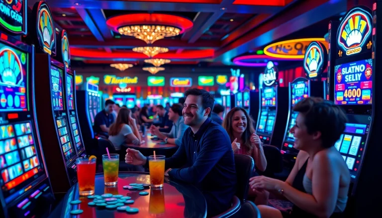 Aksi bermain SLOT6000 di mesin slot kasino yang ramai dengan lampu cerah dan pemain antusias.