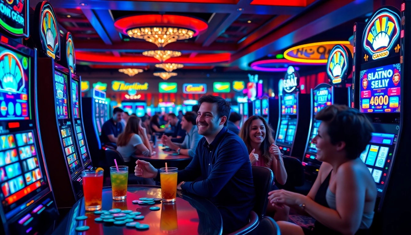 Aksi bermain SLOT6000 di mesin slot kasino yang ramai dengan lampu cerah dan pemain antusias.