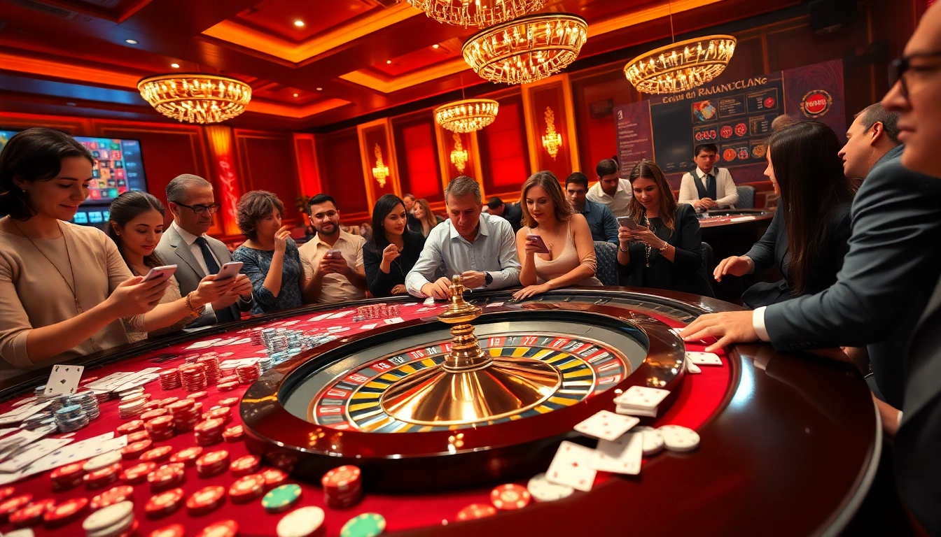 Experience the thrill of RAJALUCK with players at vibrant gaming tables and exciting casino elements.
