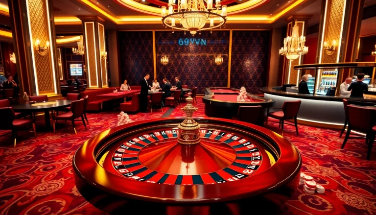 Experience the excitement of 69VN casino with players at luxurious tables and vibrant roulette wheels.
