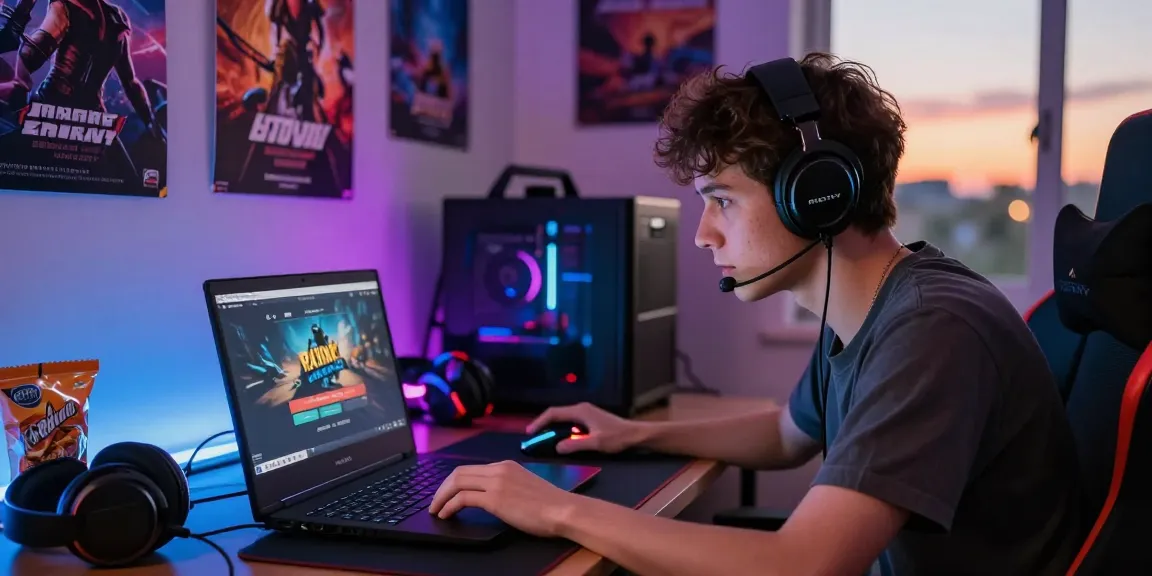 Raja Game login interface on laptop with gaming accessories in vibrant room.